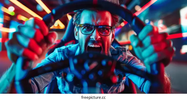 Male gamer playing video games with a steering wheel controller