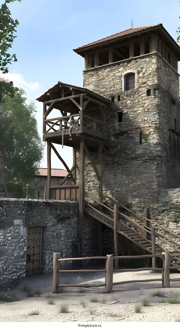 Medieval Stone Tower With Wooden Platform and Person