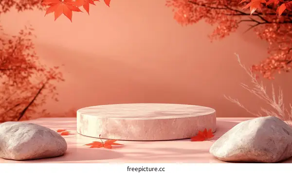 Autumn Display Podium with Leaves and Stones