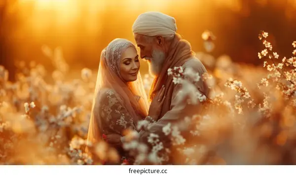 An old man and a young woman standing in a field of flowers