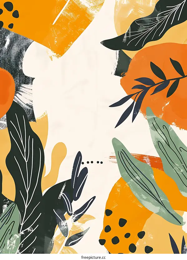 Abstract Painting With Leaves and Geometric Shapes