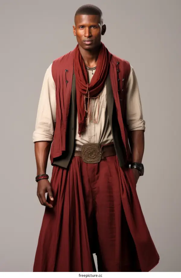 Black man wearing a brown vest and red skirt