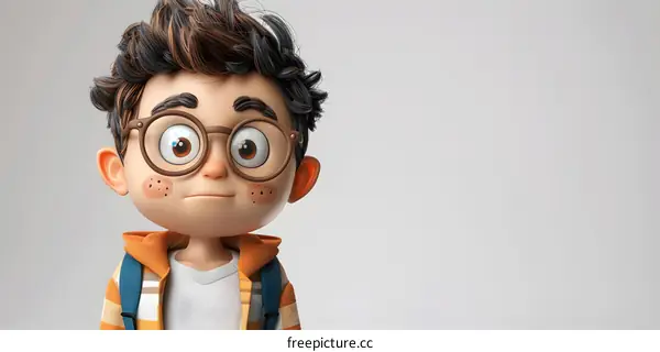 Curious Cartoon Boy with Glasses and Backpack