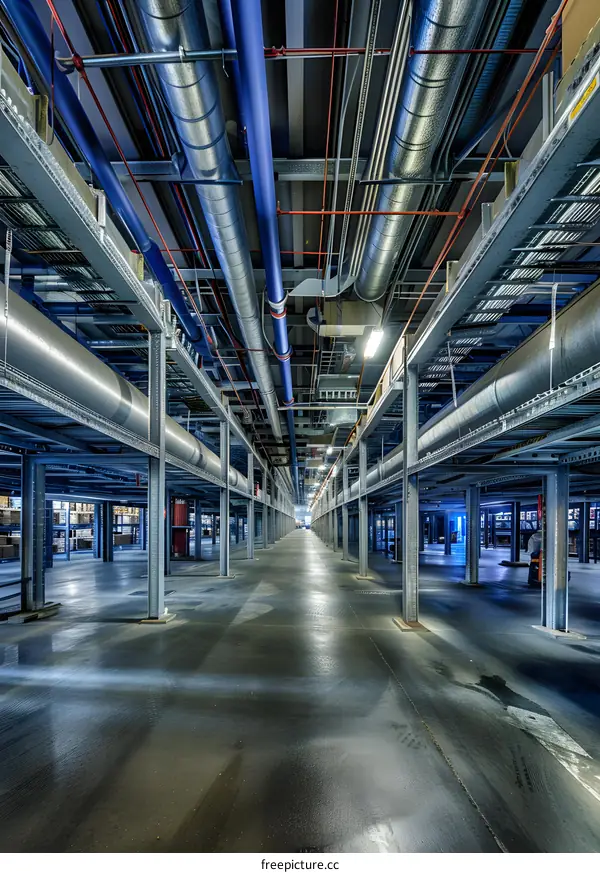 Industrial Building Interior with Pipes and Metal Structure