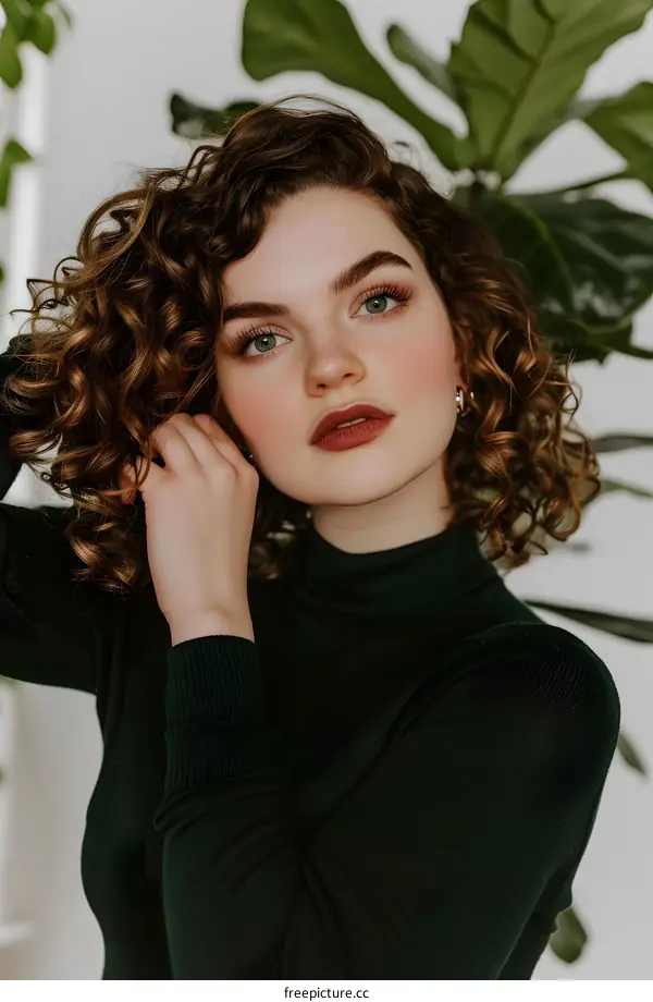 Woman with Curly Hair Posing in Green Turtleneck