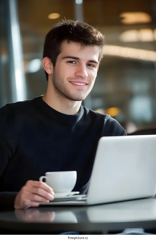 Young Man Working on Laptop in Cafe