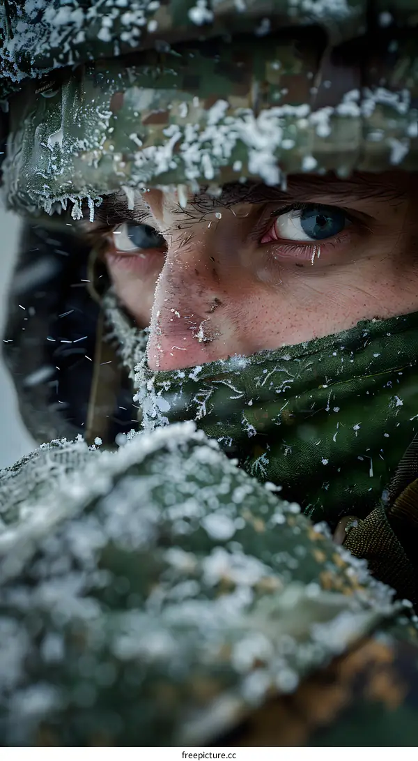 A soldier wearing a green and brown camouflage balaclava and snow on his face