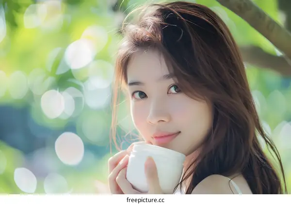 Beautiful Asian Woman Holding a White Jar in the Forest