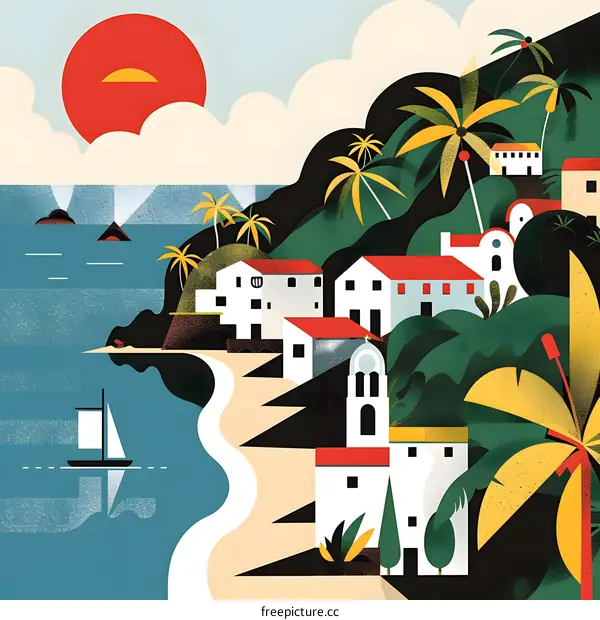 Sunset Over Tropical Coastal Town