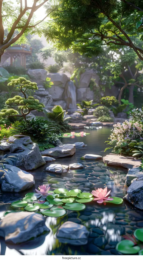 Exquisite oriental garden with lotus pond and waterfall