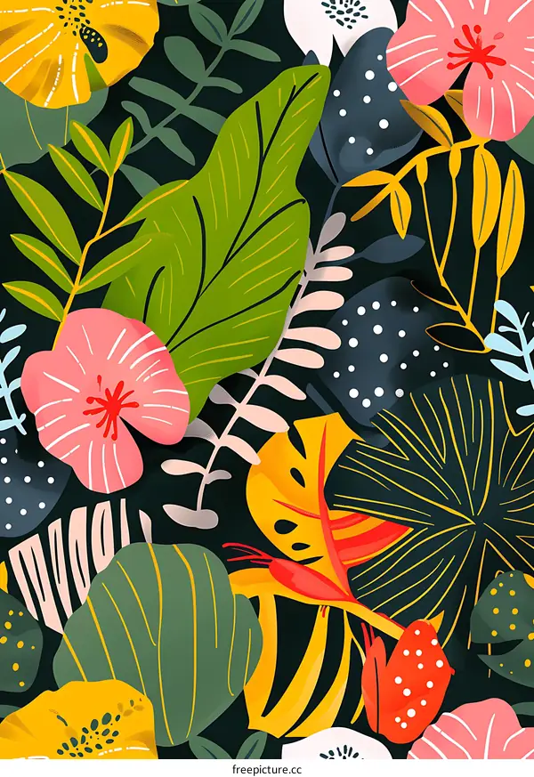 Tropical Leaves and Flowers Seamless Pattern