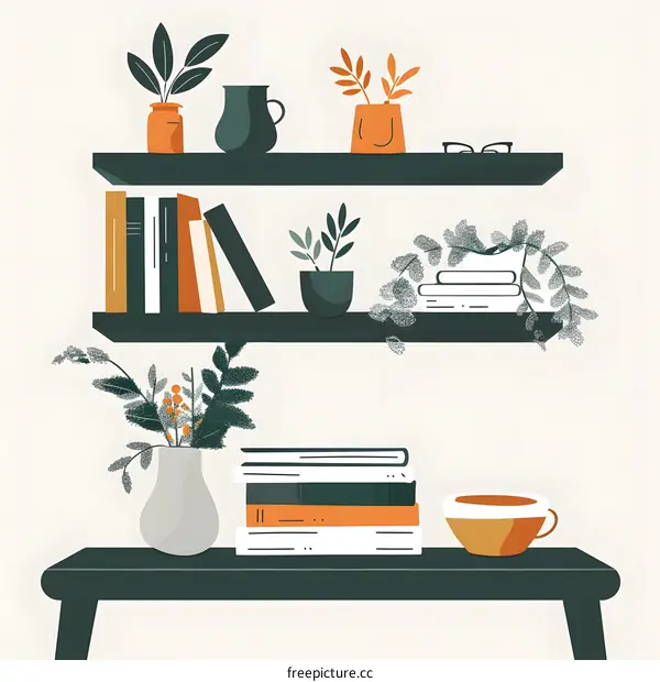Modern Minimalist Home Decor with Books, Plants, and a Cup of Tea