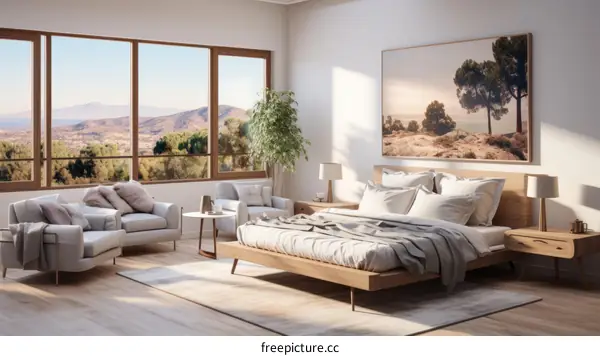 Modern bedroom interior design with large windows and a beautiful view