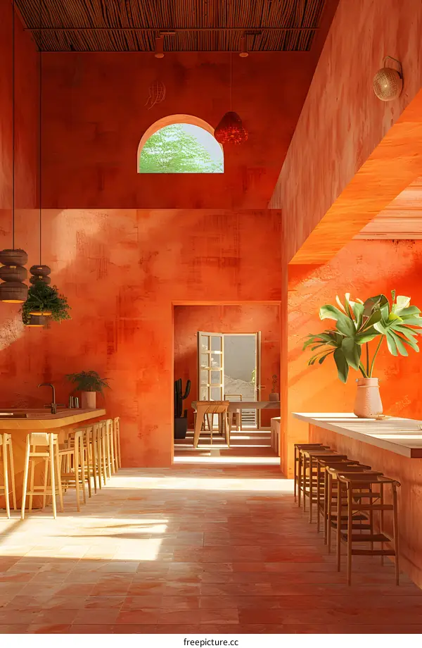 An illustration of a restaurant with a red interior