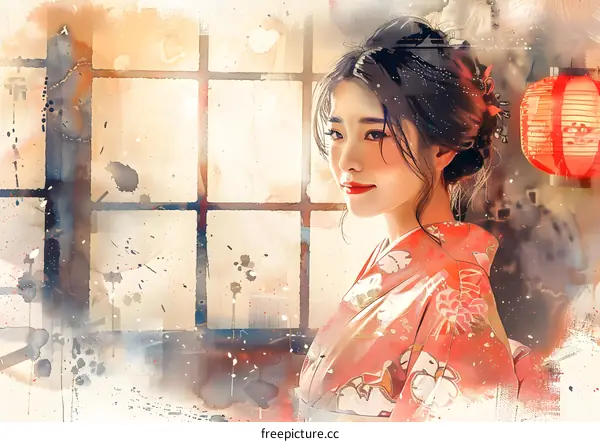 An Asian woman wearing a kimono is standing in front of a window.