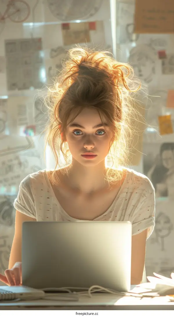 Portrait of a young woman with blue eyes and brown hair working on a laptop