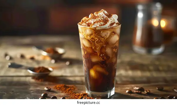 Iced coffee with whipped cream and chocolate sprinkles