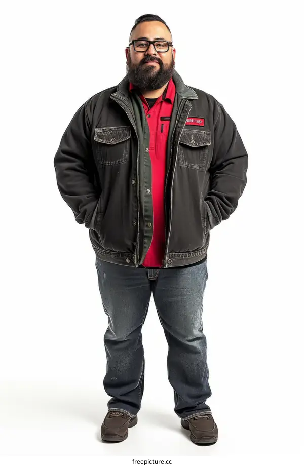 A bearded man in a black jacket and red shirt poses for a photo