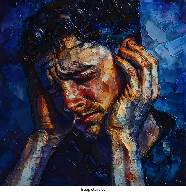 A portrait of a man holding his head in his hands