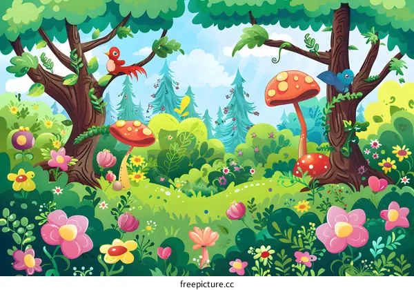 Colorful Cartoon Forest Landscape Illustration With Mushrooms and Birds
