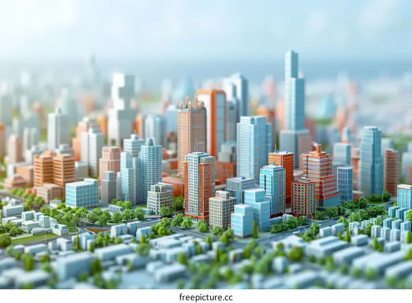 Model of a Modern City with Skyscrapers and Buildings
