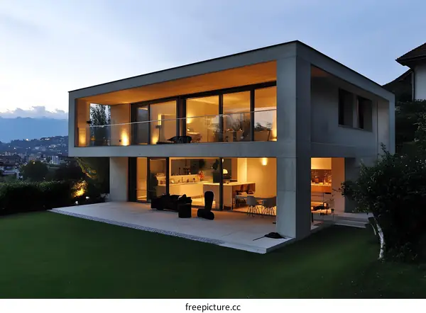 Modern Concrete House with Large Windows and Outdoor Patio