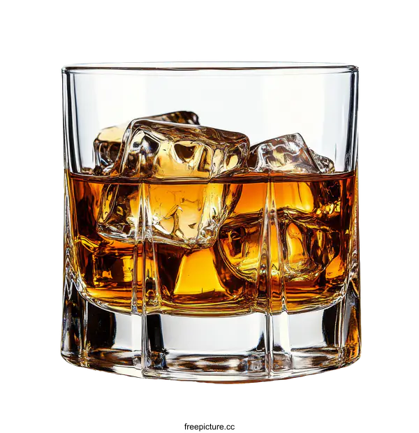 [Transparent Background PNG]Whiskey Glass with Ice Cubes Close-up