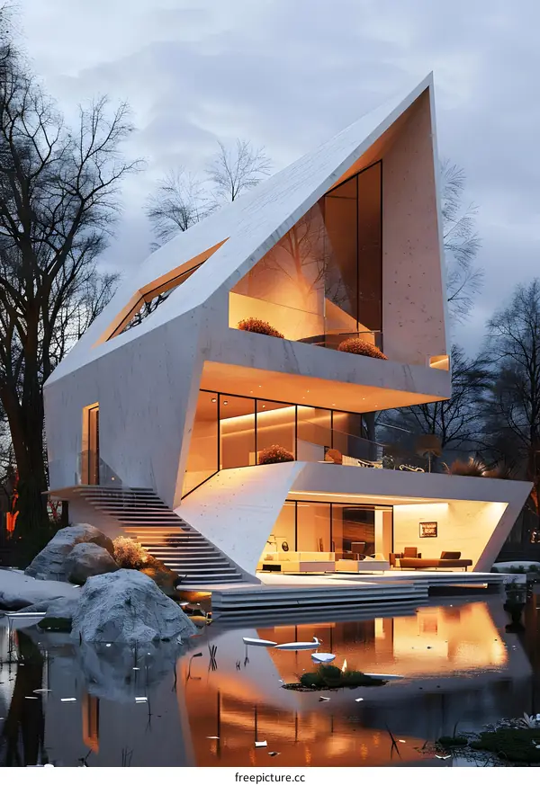 A Modern Lakeside Villa at Dusk