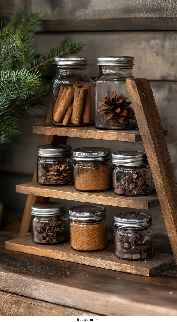 Wooden Spice Rack with Glass Jars Filled with Spices