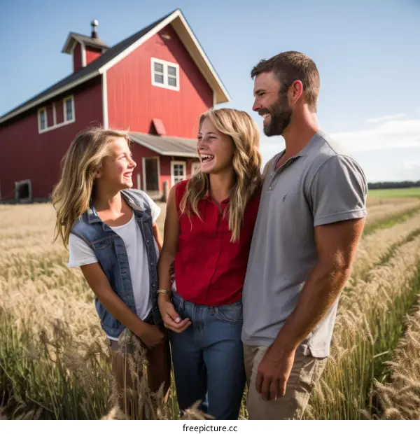Happy family of three standing in a wheat field laughing together
