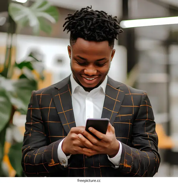 Smiling African Man in Suit Using Phone