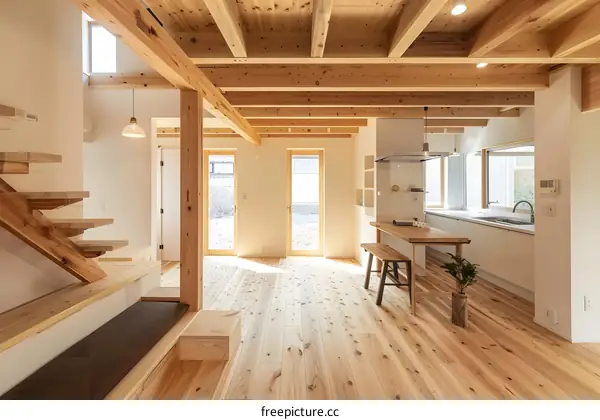 Modern Japanese Home Interior Design With Wooden Beams
