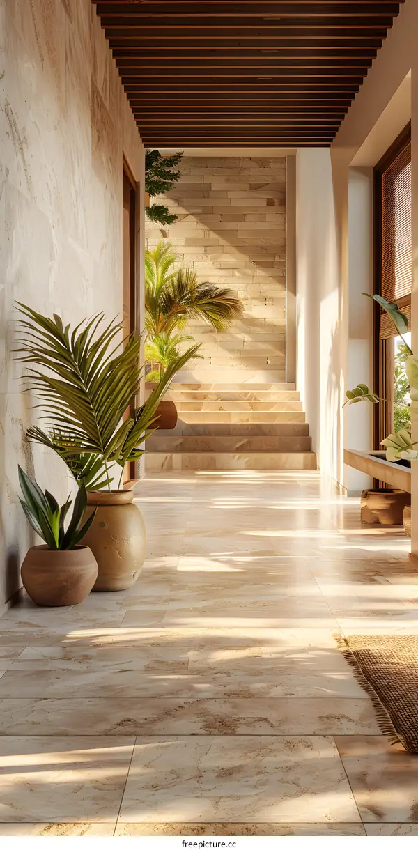 Bright hallway with plants and sunlight