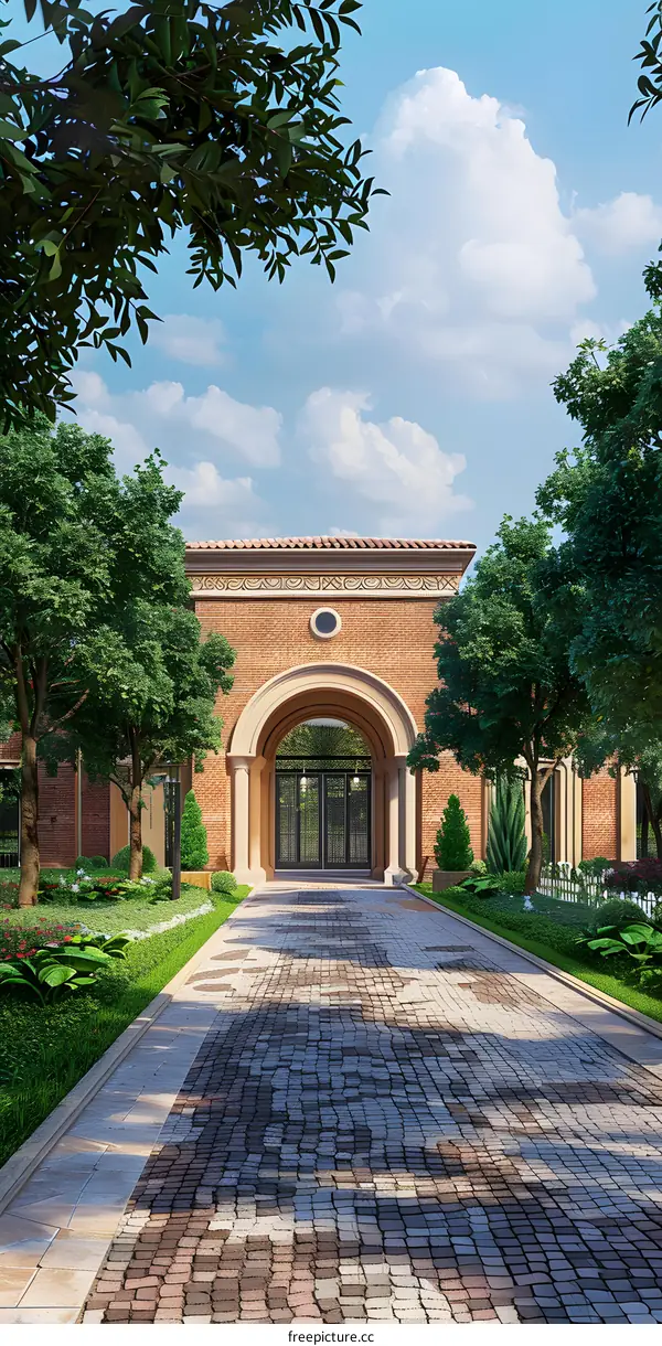 Brick Pathway Leading to Archway Entrance of House