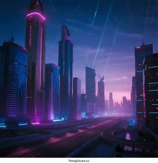 Futuristic Cityscape with Neon Lights and Skyscrapers at Night