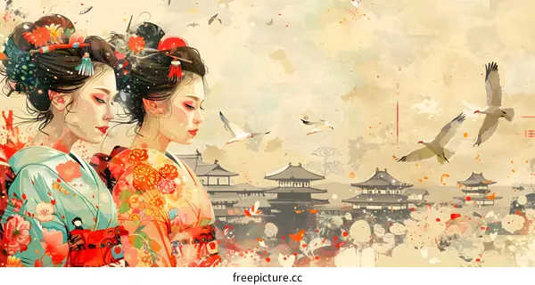 Two Japanese women in traditional kimono with white cranes and Mount Fuji in the background