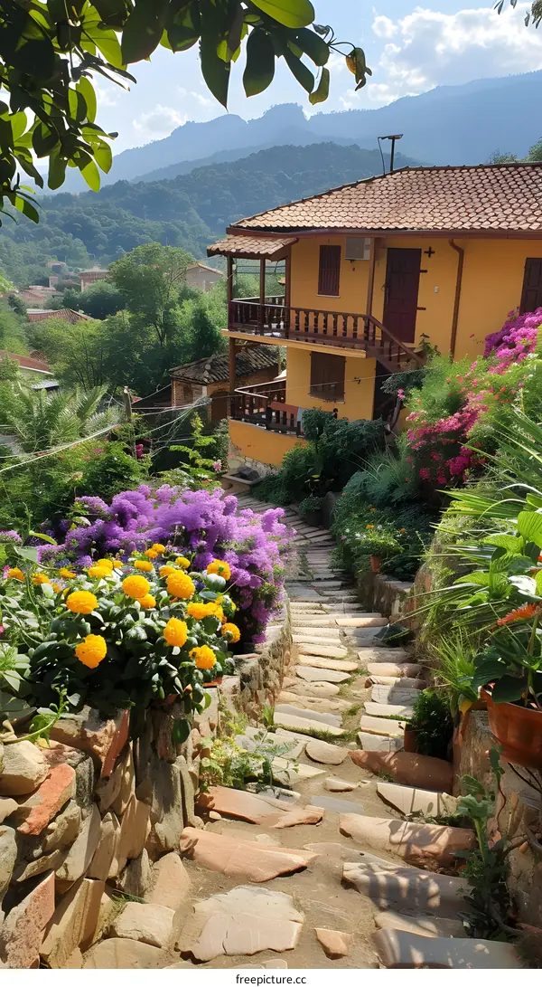 Stone Pathway Lined with Flowers in a Mountain Village