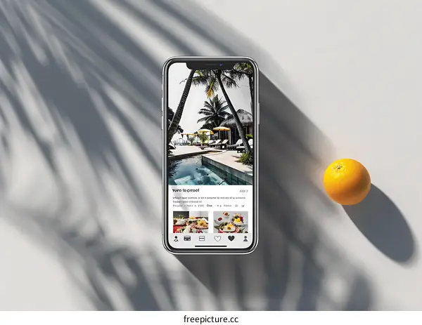 Smartphone displaying a tropical island resort photo with an orange on the side
