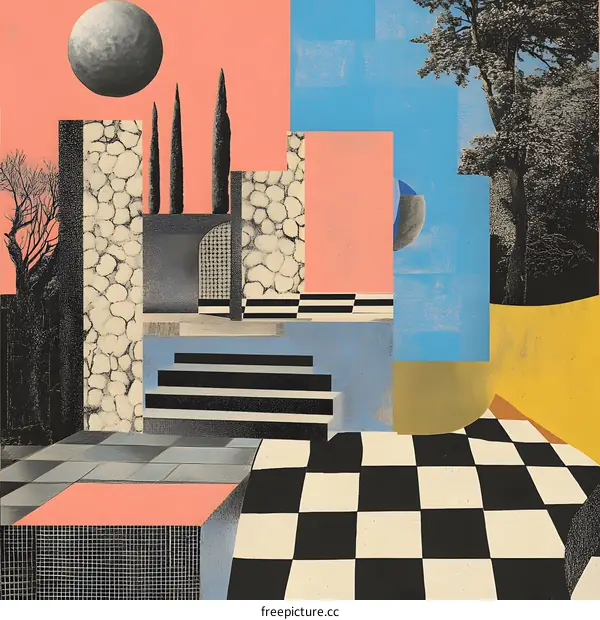 Abstract Collage Art with Geometric Shapes and a Checkerboard Floor