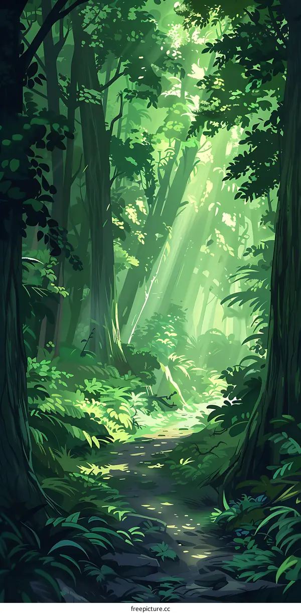 Green Forest With Sunlight Shining Through The Trees