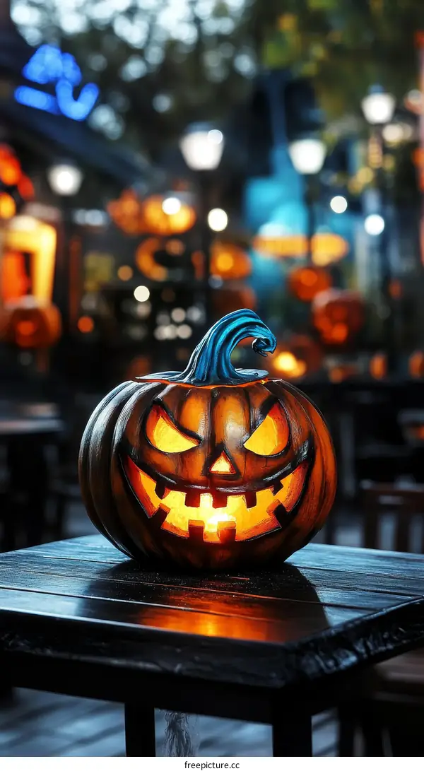 Halloween Pumpkin on Outdoor Wooden Table