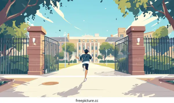 A student runs towards the gates of a university