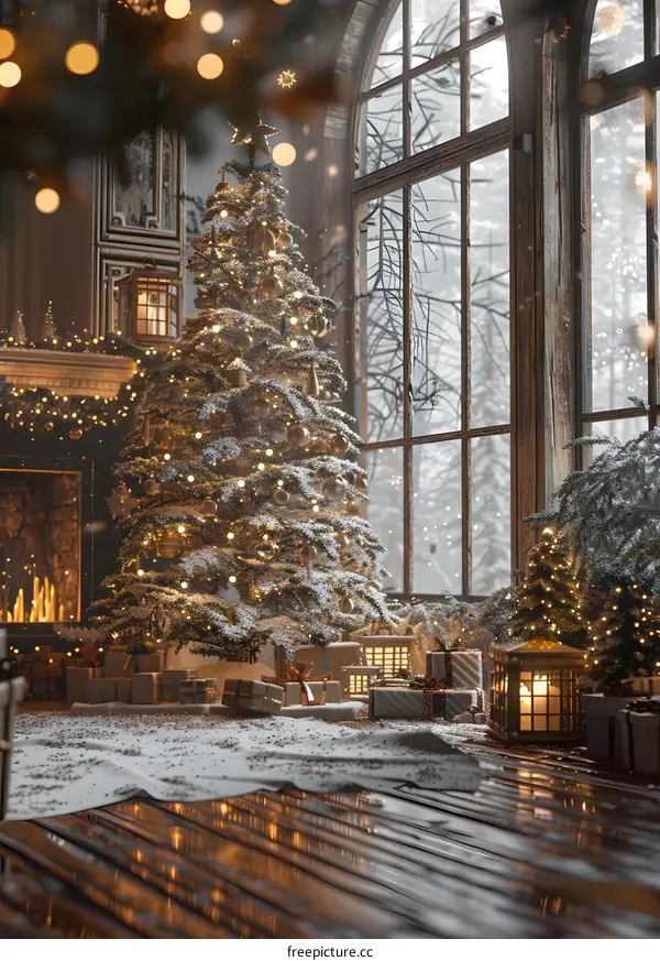 A beautifully decorated Christmas tree next to a fireplace