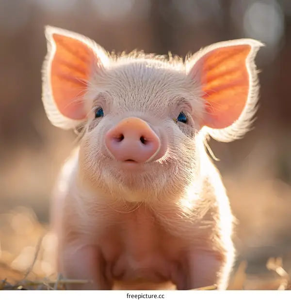 A cute pink piglet looking at the camera