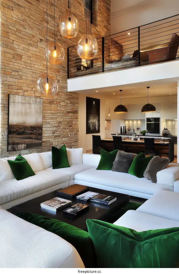 Modern Living Room with Stone Wall and Pendant Lights