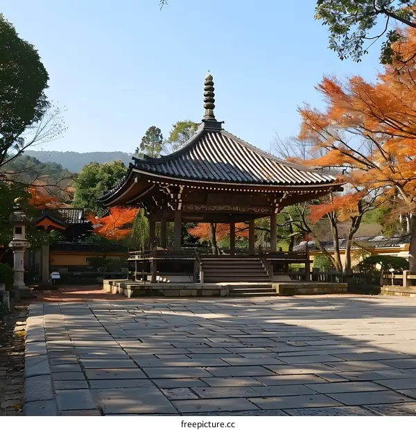 A beautiful Japanese garden with a traditional pavilion.