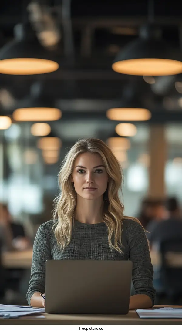 Focused Woman Working on Laptop in Modern Office