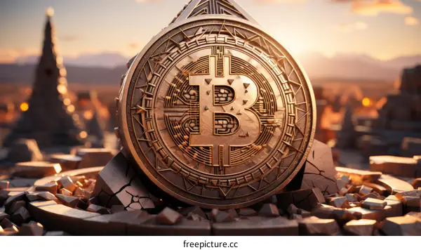 遺跡の上に置かれたビットコイン