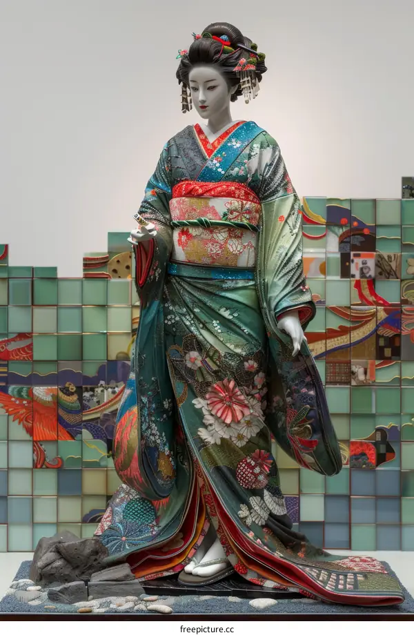 A ceramic Japanese doll wearing a kimono with floral patterns stands in front of a mosaic wall.