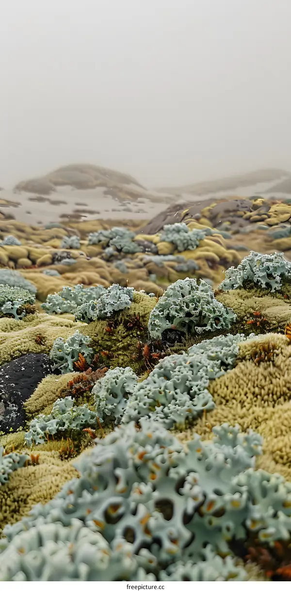 Closeup of Green Mossy Landscape in Foggy Weather